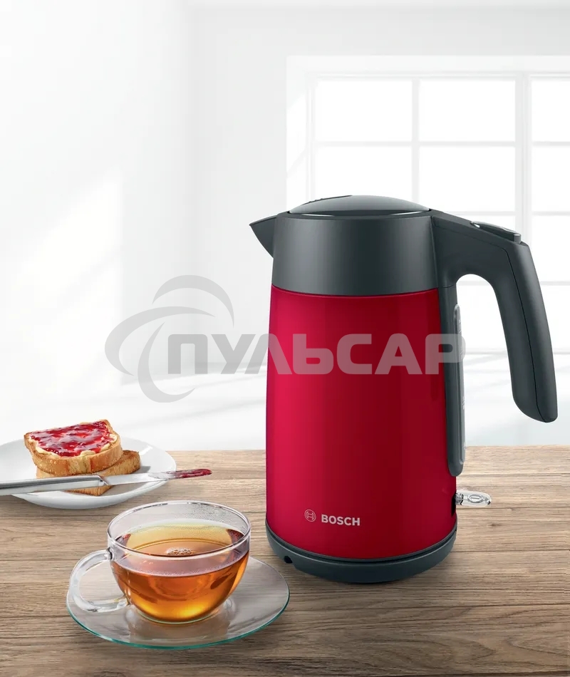 Чайник электрический Bosch TWK7L464, 1.7л, 2400 Вт., нерж.сталь, покрытая эмалью, красный,шкала уровня воды