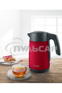 Чайник электрический Bosch TWK7L464, 1.7л, 2400 Вт., нерж.сталь, покрытая эмалью, красный,шкала уровня воды