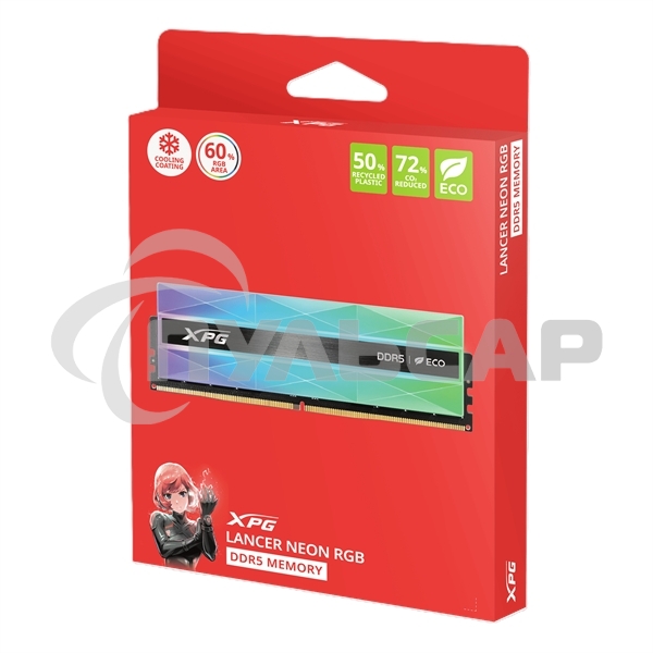 Оперативная память XPG Lancer NEON RGB, DDR5, 32Gb (2x16Gb), 8000MHz, CL38, DIMM, с радиаторами, RGB, серебристый