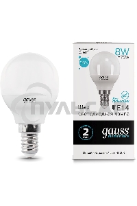 Лампа светодиодная LED Gauss 8Вт E14 220В 4100К Elementary шар 53128