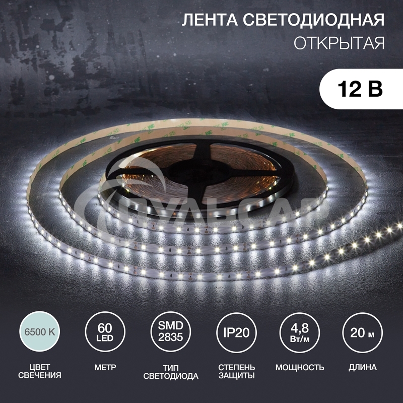 Лента светодиодная 12В, SMD2835, 4,8Вт/м, 60 LED/м, 6500К, 8мм, 20м, для БП с клеммами, IP20 LAMPER
