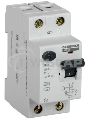 Выключатель дифференциального тока (УЗО) Iek MDV15-2-016-030 ВД1-63 2Р 16А 30мА GENERICA