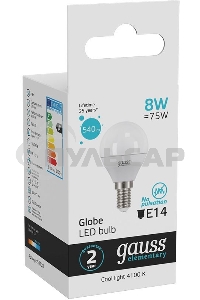 Лампа светодиодная LED Gauss 8Вт E14 220В 4100К Elementary шар 53128