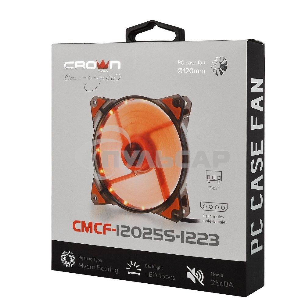 Вентилятор для корпуса Crown CMCF-12025S-1223 черный/оранжевый, 120 мм, 1650 об/мин, 28 дБ, 3 pin