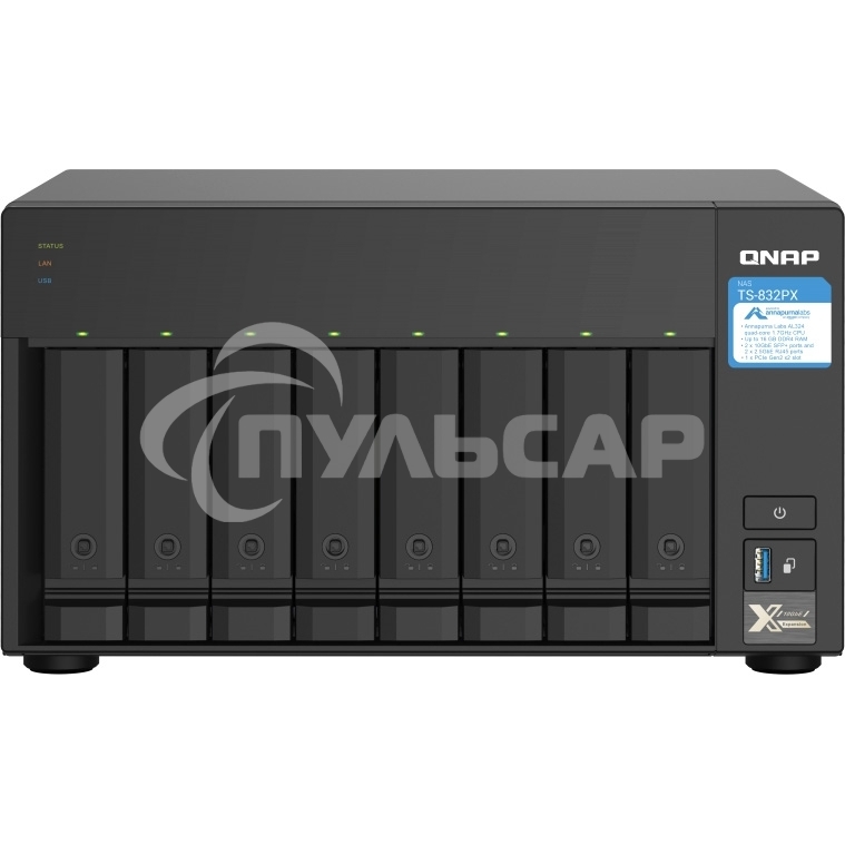Сетевое хранилище без дисков SMB QNAP TS-832PX-4G 8-Bay NAS, AL324 64-bit quad-core 1.7GHz, 4Gb DDR4 SODIMM RAM (up to 1x16 Gb), 8 x 3.5