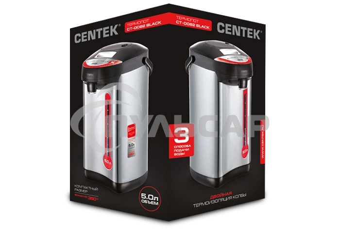 Термопот Centek CT-0082 черный, 5л, 750Вт, 3 способа подачи воды, корпус из нержавеющей стали