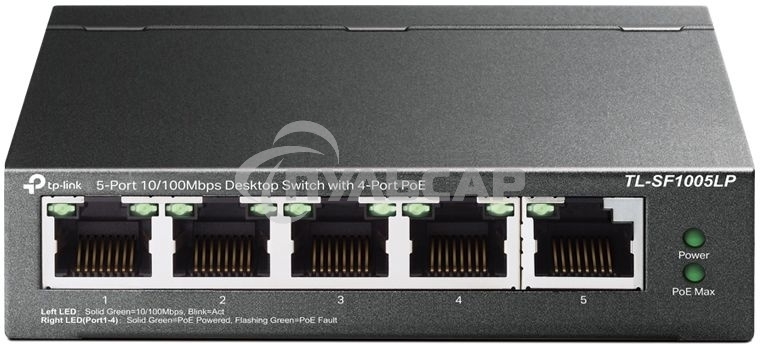 Коммутатор 5-Port 10/100Mbps Unmanaged Switch with 4-Port PoE, meta case, desktop mount, PoE budget 41W.