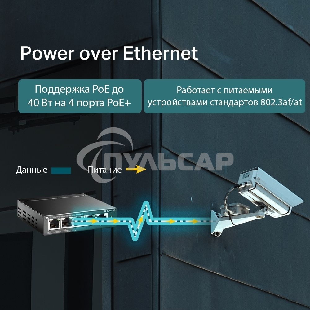 Коммутатор TP-Link 5-Port Gigabit Unmanaged Switch with 4-Port PoE+, metal case, desktop mount, PoE budget 40W.