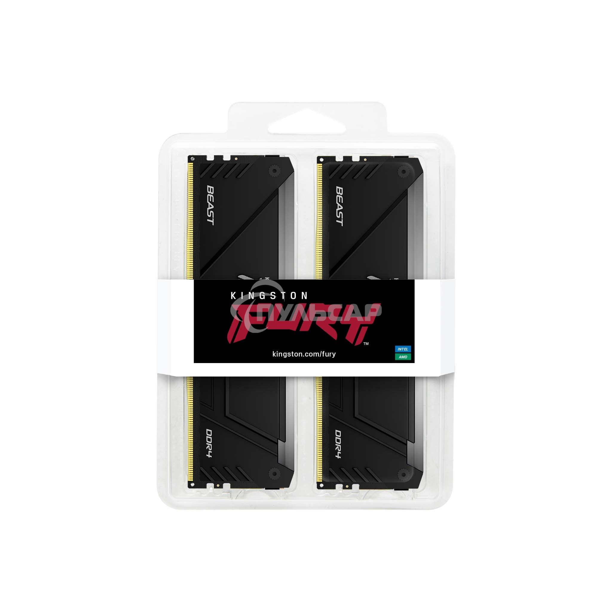 Оперативная память Kingston Fury Beast, DDR4, 32Gb (2x16Gb), 3200MHz, CL16, DIMM, с радиатором, RGB, черный