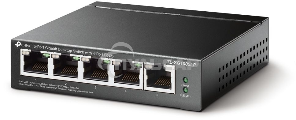 Коммутатор TP-Link 5-Port Gigabit Unmanaged Switch with 4-Port PoE+, metal case, desktop mount, PoE budget 40W.