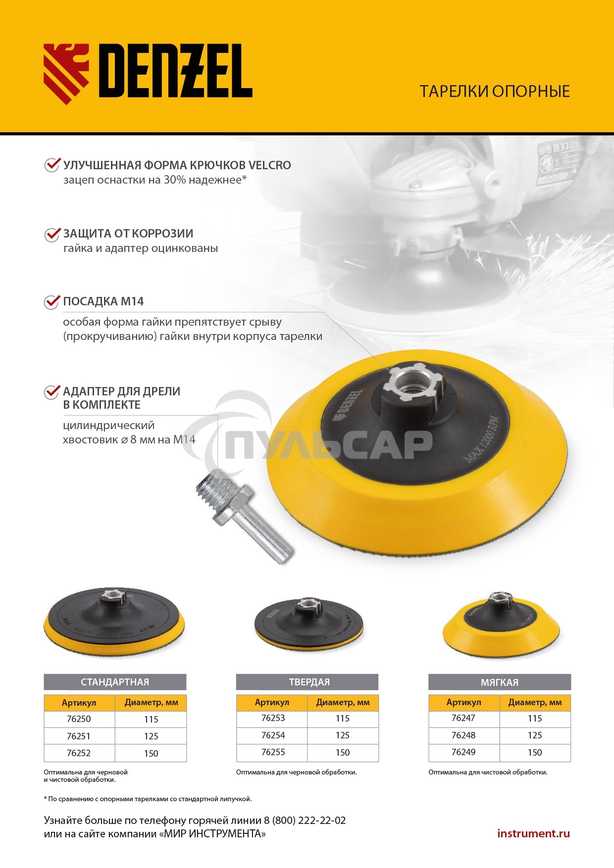 Тарелка опорная для дрели и УШМ с липучкой, 115 мм, мягкая, с адаптером c М14 на d8 Denzel