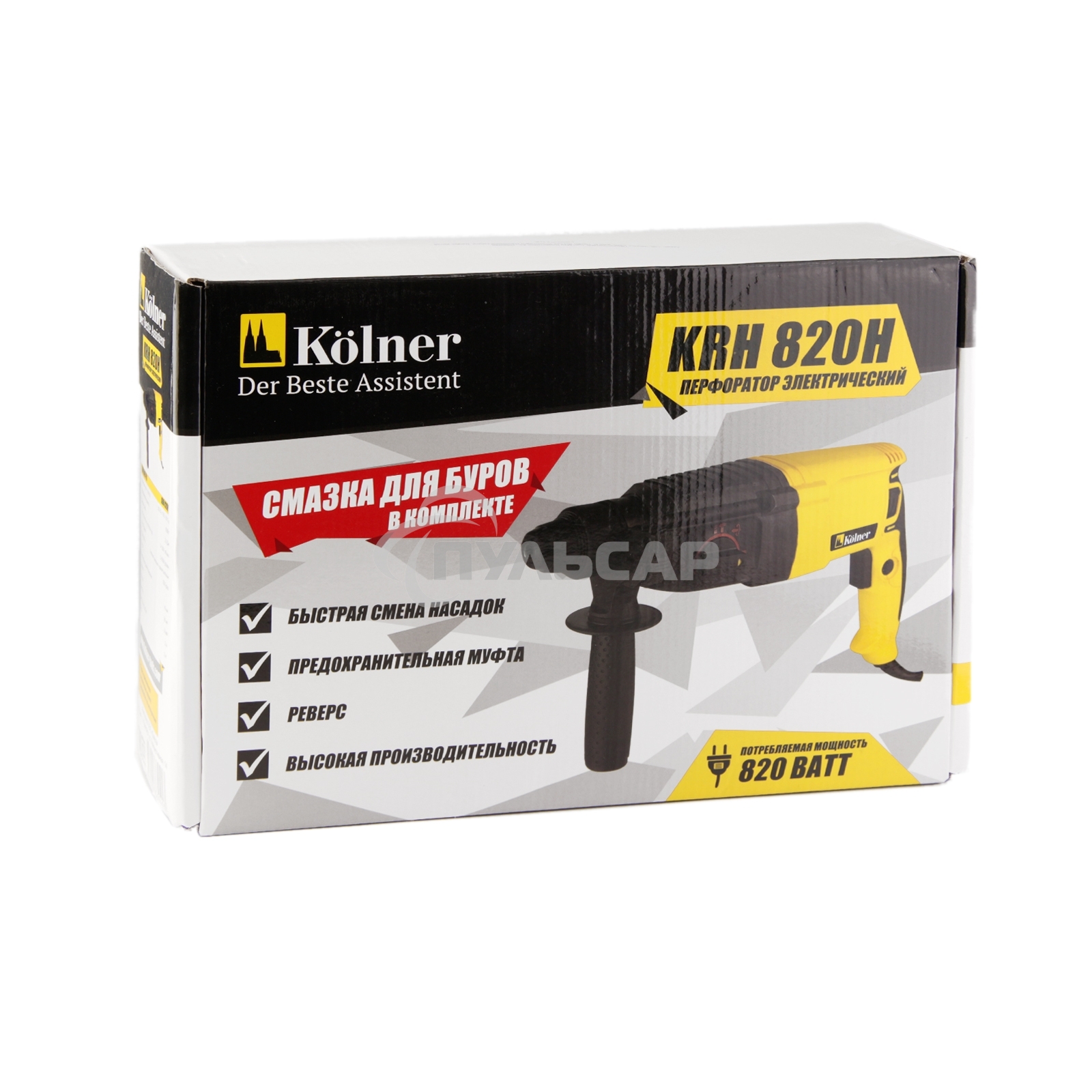 Перфоратор KOLNER KRH 820H (820 Вт, SDS+, 2,5Дж,1150 об/мин, 3 режима, макс.диам.сверл(бетон) 26мм, ПВХ кабель 2м.)