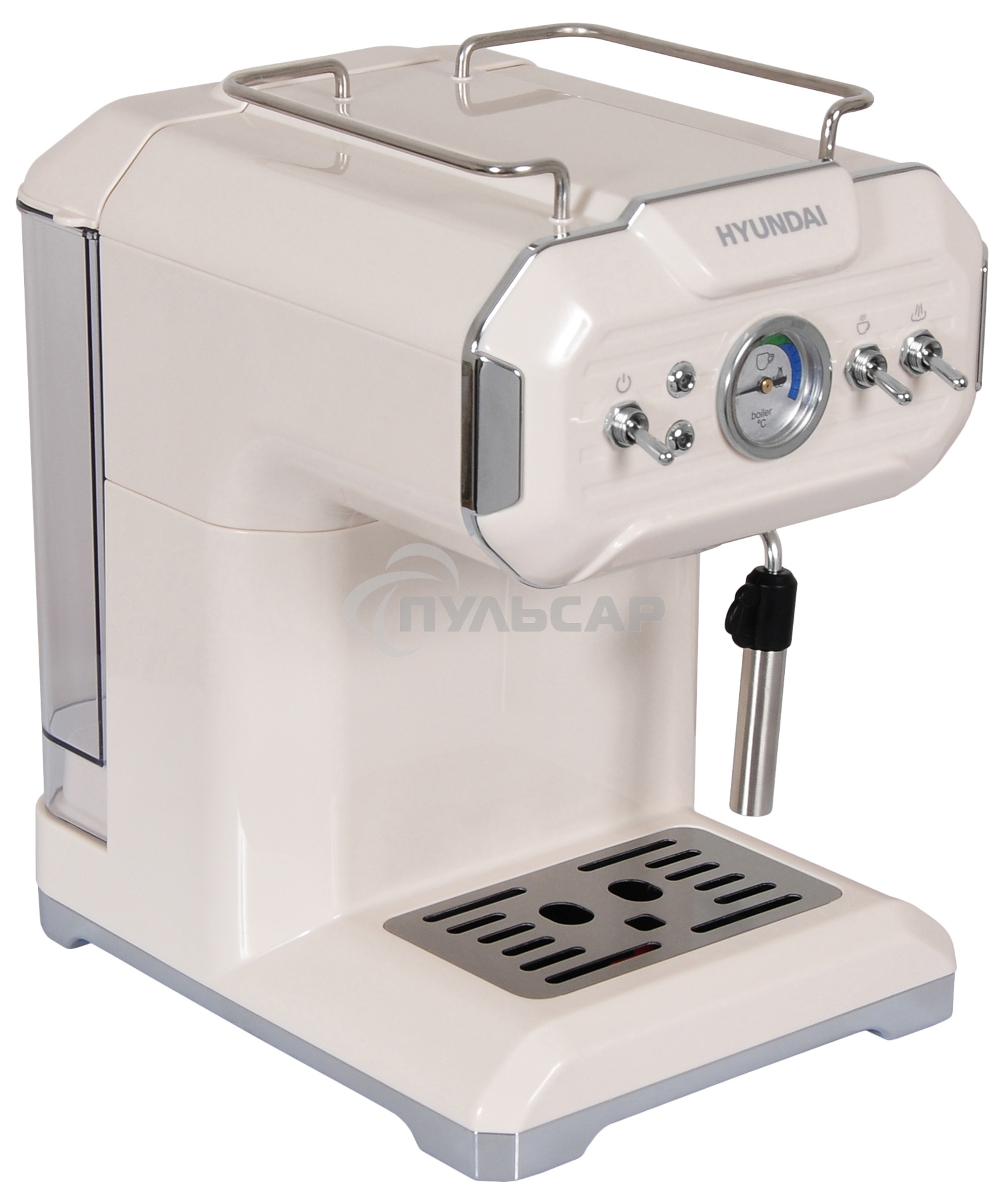 Кофеварка рожковая Hyundai HEM-5300 бежевый/серебристый, исп. кофе - молотый, 1.5 л, 850 Вт, 20 бар