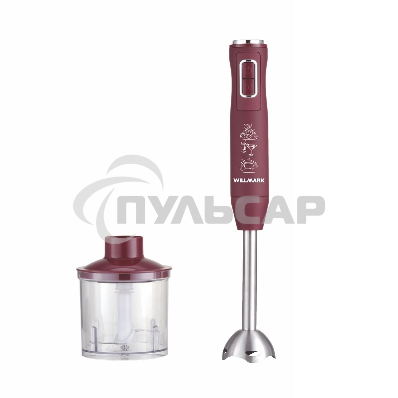 Блендер погружной Willmark WHB-1250PS (500Вт,рег.скор,турбо режим,Soft touch, измельчитель,бордовый)