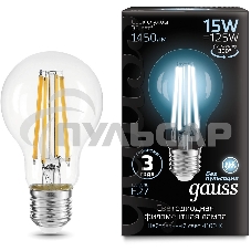 Лампа cветодиодная Gauss Filament А60 15W 1450lm 4100К Е27 LED 1/10/40