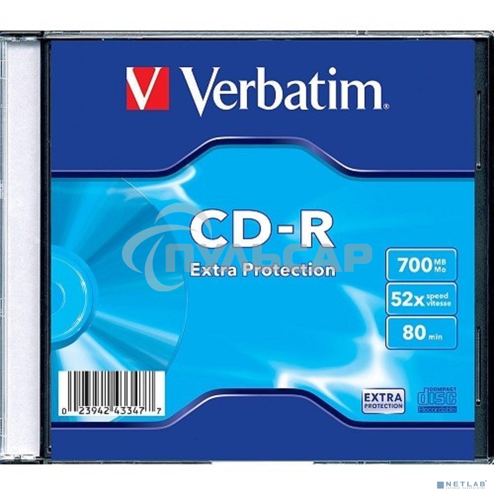 Диск CD-R Verbatim 700Mb 52x Slim case (1шт) (43347)
