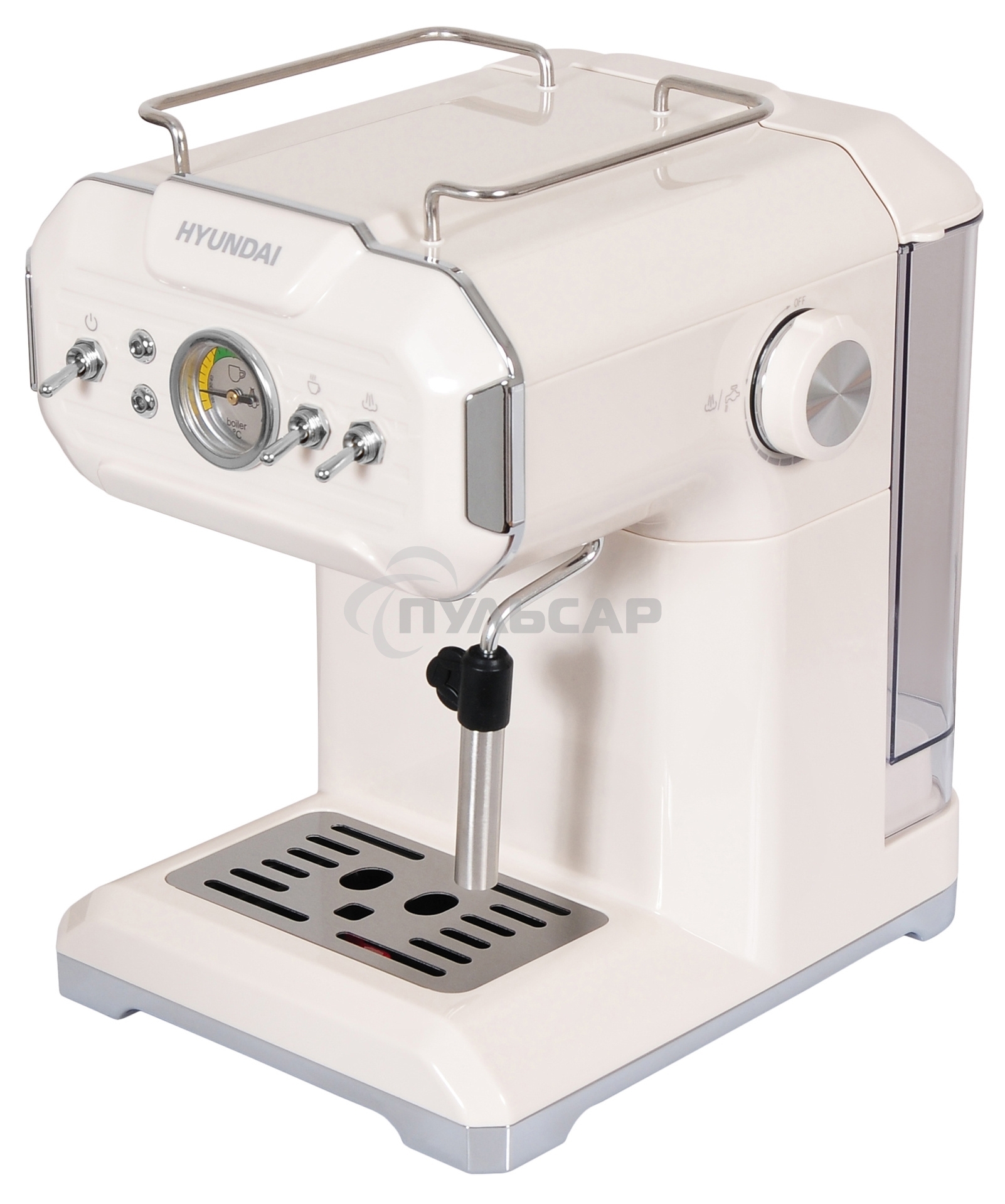 Кофеварка рожковая Hyundai HEM-5300 бежевый/серебристый, исп. кофе - молотый, 1.5 л, 850 Вт, 20 бар