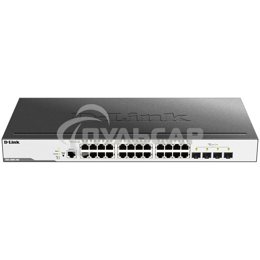 Коммутатор D-Link DGS-3000-28X/B, L2 Managed Switch with 24 10/100/1000Base-T ports and 4 10Gbase-X SFP+ ports.16K Mac address, 802.3x Flow Control, 4K of 802.1Q VLAN, VLAN Trunking, 802.1p Priority Queues, Tra