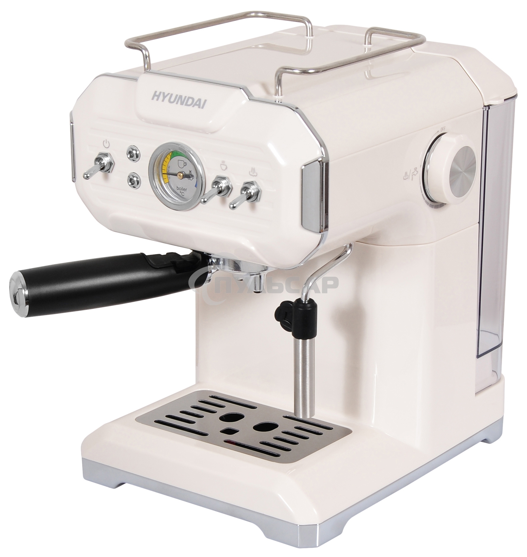 Кофеварка рожковая Hyundai HEM-5300 бежевый/серебристый, исп. кофе - молотый, 1.5 л, 850 Вт, 20 бар