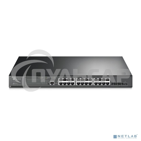 Коммутатор TP-Link 24-port Gigabit Managed PoE switch with 4 10G SFP+ ports, support 802.3af/at PoE, 1 console port, 19-inch rack mount, support L2/L2+ features.