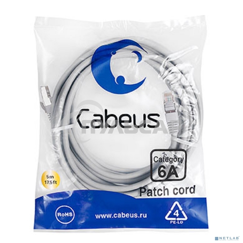 Шнур комм. Cabeus, кат. 6A, экр., S/FTP, RJ45/RJ45, LSZH, AWG26, 5м, серый