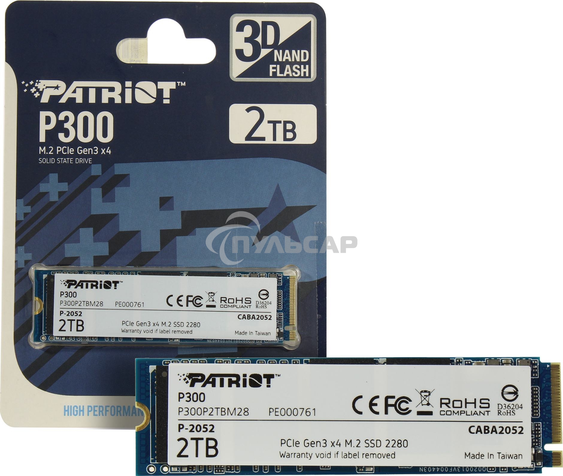 Накопитель SSD Patriot P300, 2Tb, PCIe 3.0 x4, M.2 2280, NVMe, R/W 2100/1650