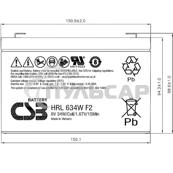 Аккумулятор 6V 9Ah CSB HRL634W (HRL634WF2FR) клеммы F2, огнеупорные