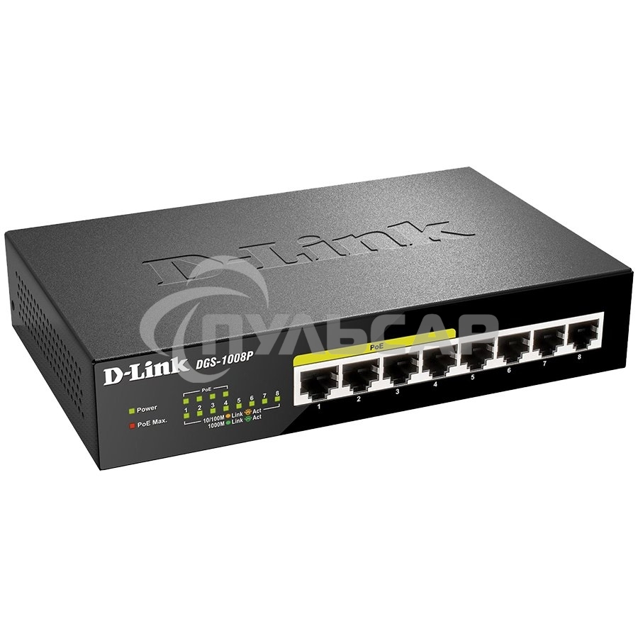 Коммутатор Unmanaged Switch with 8 10/100/1000Base-T ports (4 PoE ports 802.3af/802.3at (30 W), PoE Budget 68).8K Mac address, Auto-sensing, 802.3x Flow Control, Stand-alone, Auto MDI/MDI-X for each port, D-link Green technology, Metal case.Manual + Exter