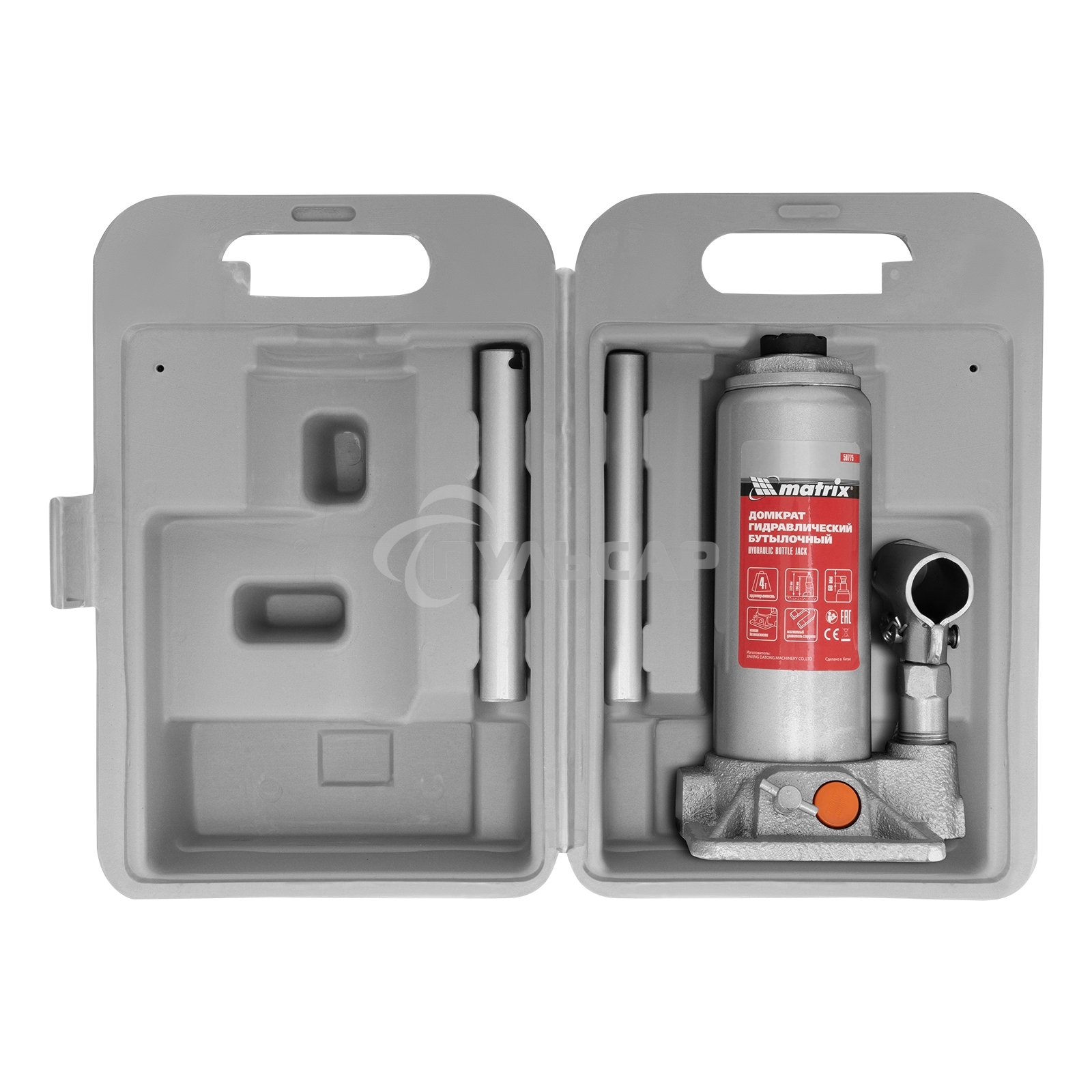 Домкрат гидравлический бутылочный Matrix, 4 т, h подъема 194–372 мм, в пласт. кейсе