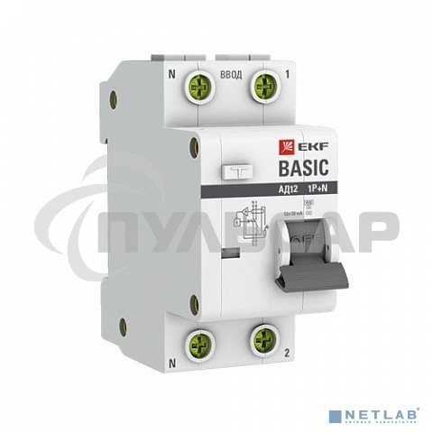 Выключатель автоматический дифференциального тока EKF DA12-32-30-bas 1P+N 32А 30мА тип АС х-ка C эл. 4,5кА АД-12 EKF Basic