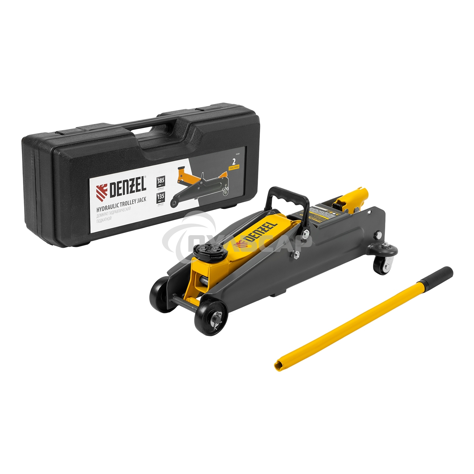 Домкрат гидравлический подкатной Denzel 2т, 135-385 мм, в пласт. кейсе 51231