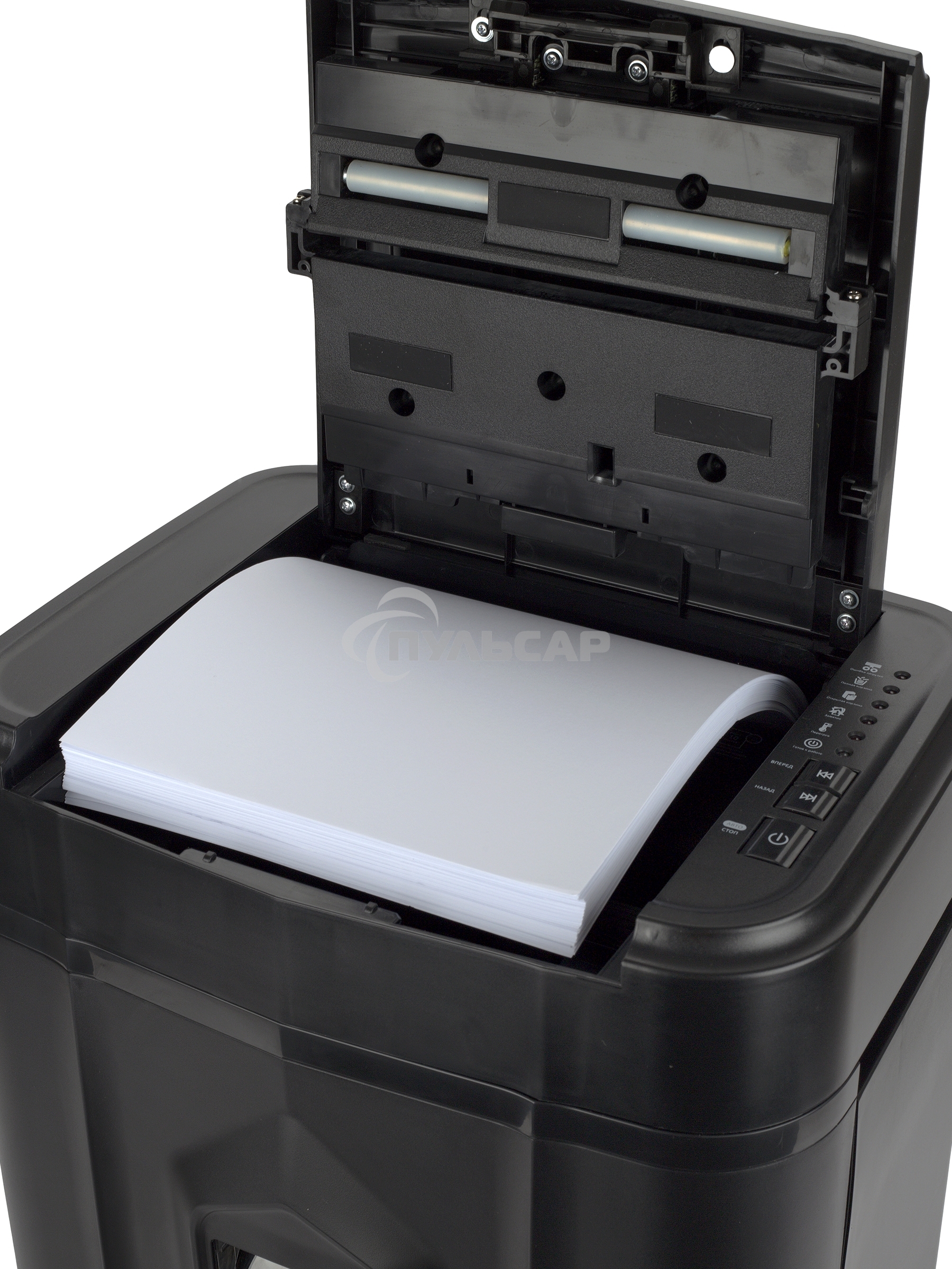 Шредер Heleos АП20-4 черный с автоподачей (секр.P-4) перекрестный 131лист. 20лтр. скрепки скобы пл.карты