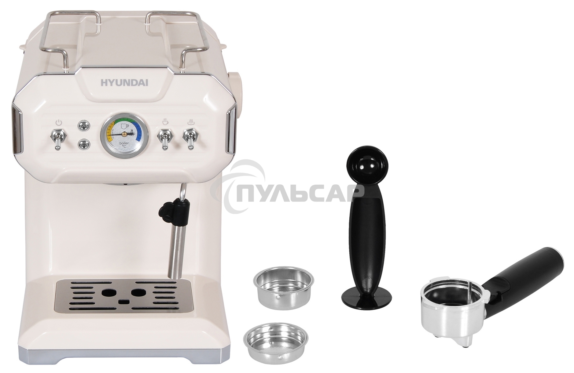 Кофеварка рожковая Hyundai HEM-5300 бежевый/серебристый, исп. кофе - молотый, 1.5 л, 850 Вт, 20 бар