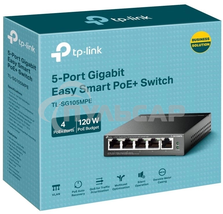 Коммутатор TP-Link TL-SG105MPE Easy Smart с 5 гигабитными портами (4 порта PoE+), 802.3af/at, бюджет PoE — 120 Вт, стальной корпус