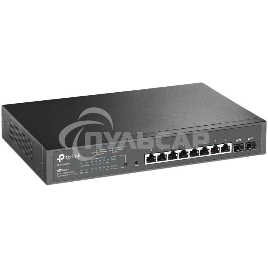 Коммутатор TP-Link JetStream 10-Port Gigabit Smart Switch with 8-Port PoE+, 8× Gigabit PoE+ Ports, 2× Gigabit SFP Slots, 802.3at/af, 150 W PoE Power, 1U 13-inch Rack-mountable Steel CaseIntegration with Omada SDN Controller, 802.1Q VLAN, STP/RSTP/MSTP, IG