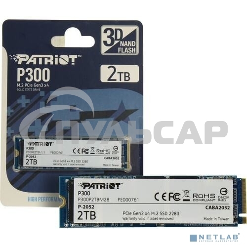 Накопитель SSD Patriot P300, 2Tb, PCIe 3.0 x4, M.2 2280, NVMe, R/W 2100/1650