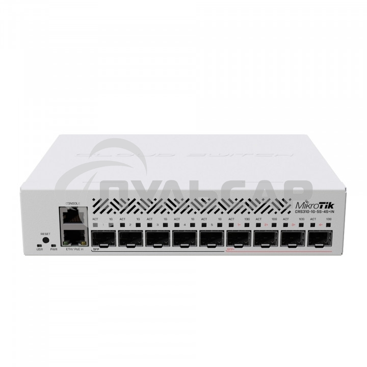 Коммутатор MikroTik Cloud Router Switch CRS310-1G-5S-4S+IN with 800 MHz CPU, 256 MB RAM, 4xSFP+, 5xSFP cages, 1xGbit LAN port, RouterOS L5, desktop case, rackmount ears, PSU