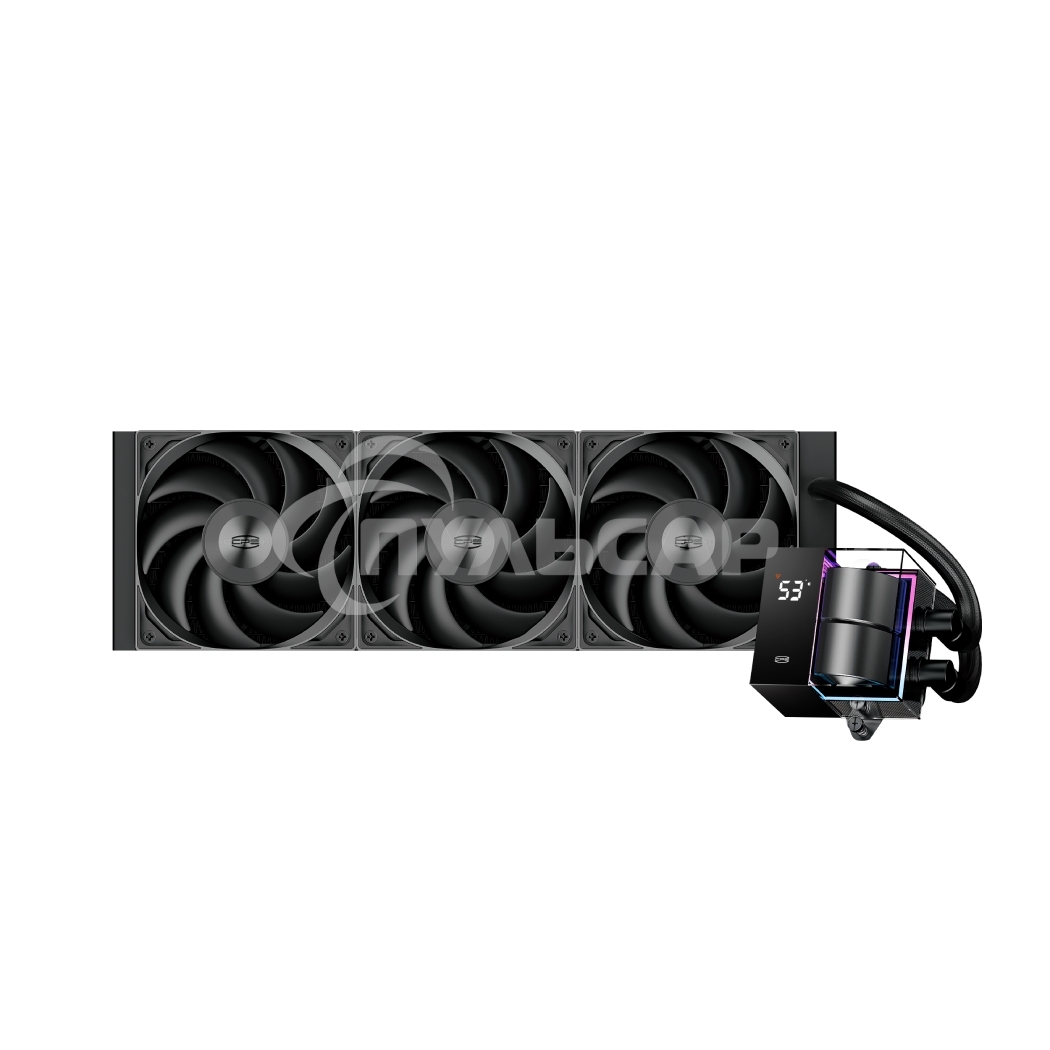 Система охлаждения/ PCCooler DS360 BK (310W, 360мм, LED temp., Black, ARGB Pump/ Fans: 3x120мм, 86.73CFM, 28dBA, 2200RPM/ Pump height 67мм, 28dBA, 3200RPM, Rad thickness 27мм/ S: 1851, 1700, 1200, 20XX, 115X, AM5, AM4)