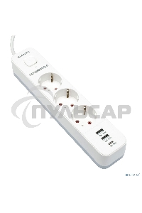 Сетевой фильтр Гарнизон EPS-3-CU2-W-2 2.0 Мультипорт 3р, 10А, 1xType-C PD, 2 х USB QC, 2м, ур.защиты 2+, белый, пак (21448)