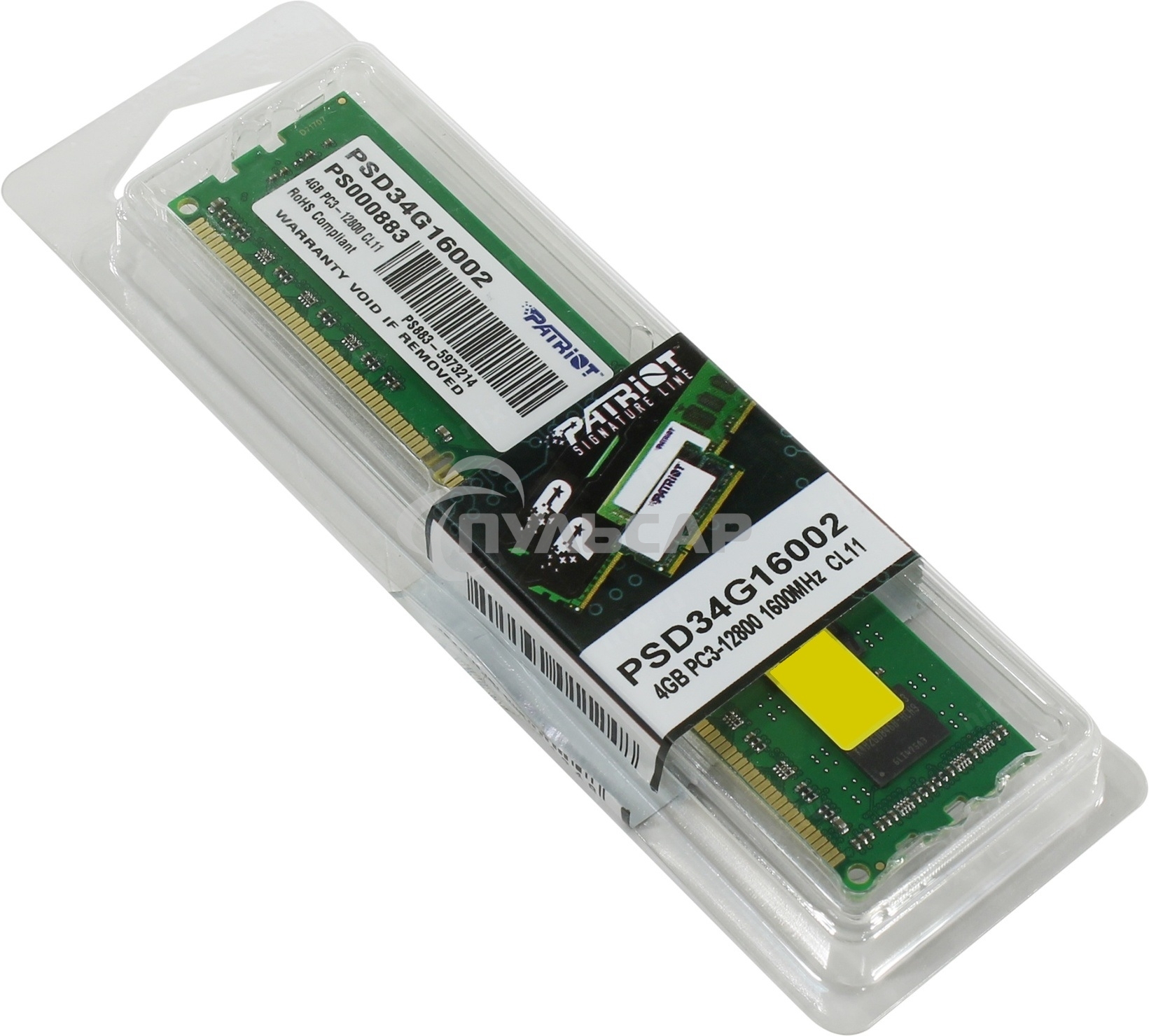 Оперативная память Patriot, DDR3, 4Gb (1x4 Gb), 1600 MHz, CL11, DIMM