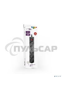 Сетевой фильтр CBR CSF 2505-3.0 Black CB, 5 евророзеток, длина кабеля 3 метра, цвет черный (коробка)