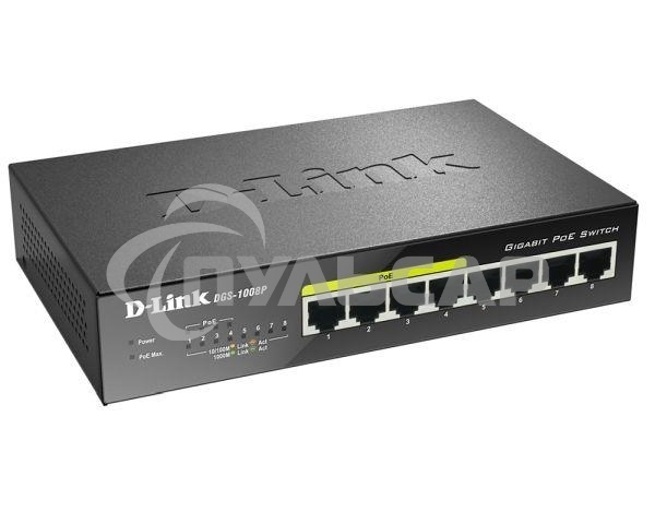 Коммутатор Unmanaged Switch with 8 10/100/1000Base-T ports (4 PoE ports 802.3af/802.3at (30 W), PoE Budget 68).8K Mac address, Auto-sensing, 802.3x Flow Control, Stand-alone, Auto MDI/MDI-X for each port, D-link Green technology, Metal case.Manual + Exter