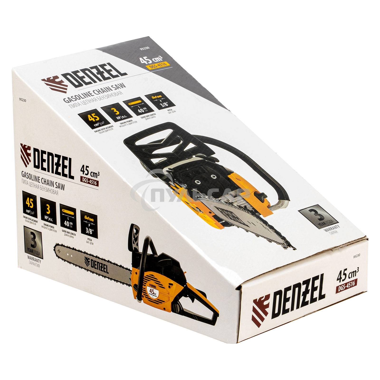 Пила цепная бензиновая DGS-4516, шина 40 см, 45см3, 3,0 л.с., шаг 3/8, паз 1,3 мм, 57 зв Denzel