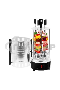 Электрошашлычница Galaxy Line GL 2610, серый, 1000 Вт, 5 шампуров из высококачественной нержавеющей стали, автоматическое вращение шампуров на 360°, долговечный керамический нагревательный элемент, защитный кожух из пищевого алюминия