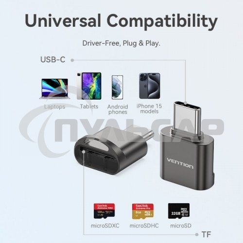 Картридер Vention OTG USB 2.0 CM / MicroSD - Серый