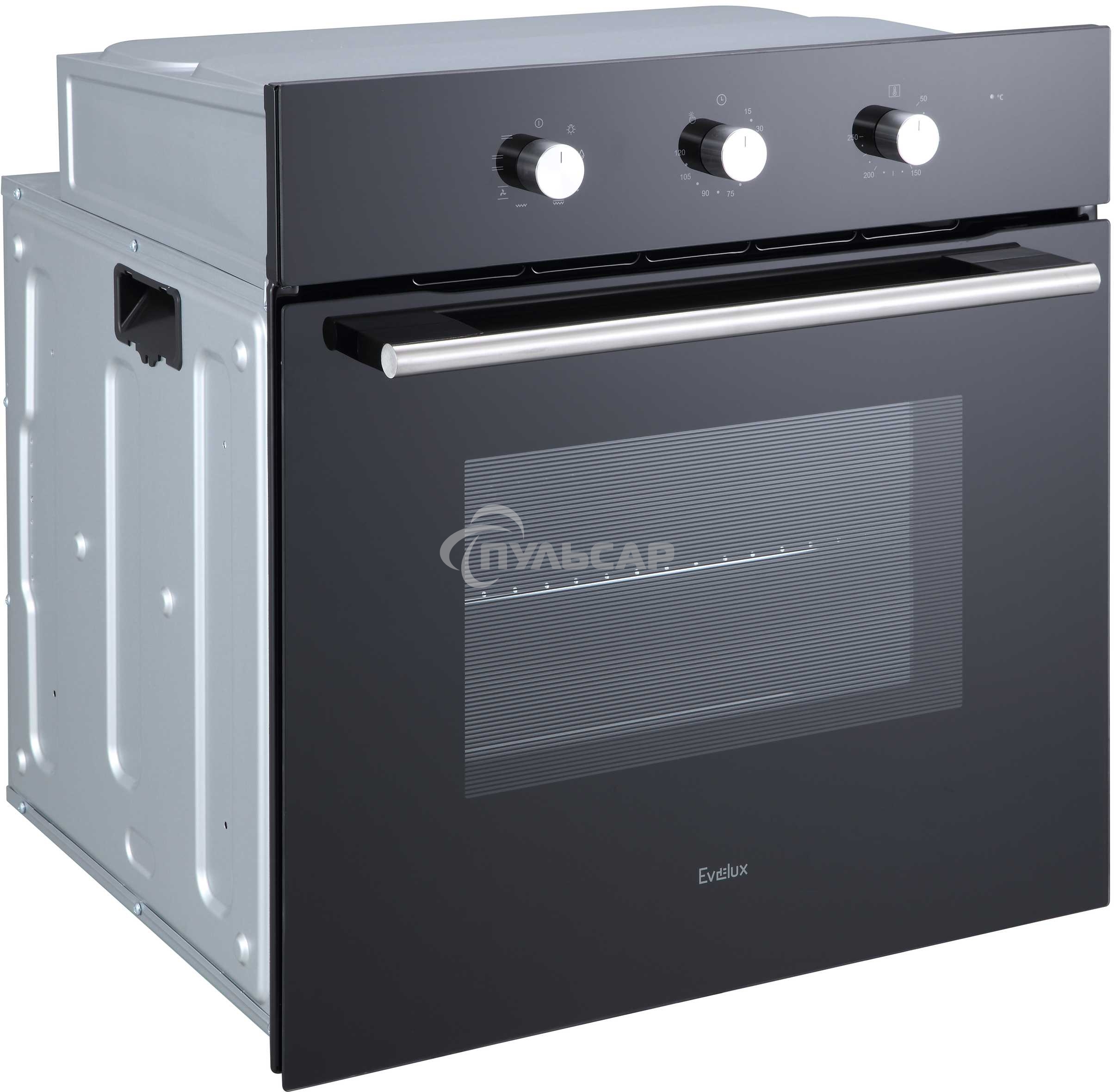 Духовой шкаф встраиваемый полноразмерный Evelux EO 620 B, 60 см, 8 режимов, 65л, черное стекло