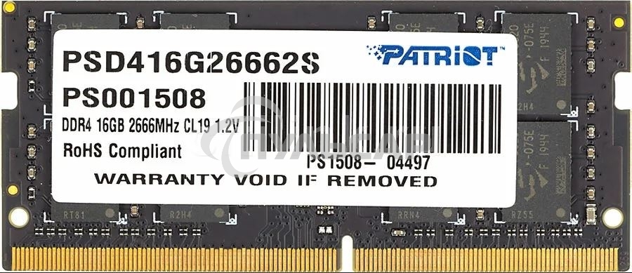 Оперативная память Patriot Signature, DDR4, 16Gb (1x16 Gb), 2666 MHz, CL19, SO-DIMM