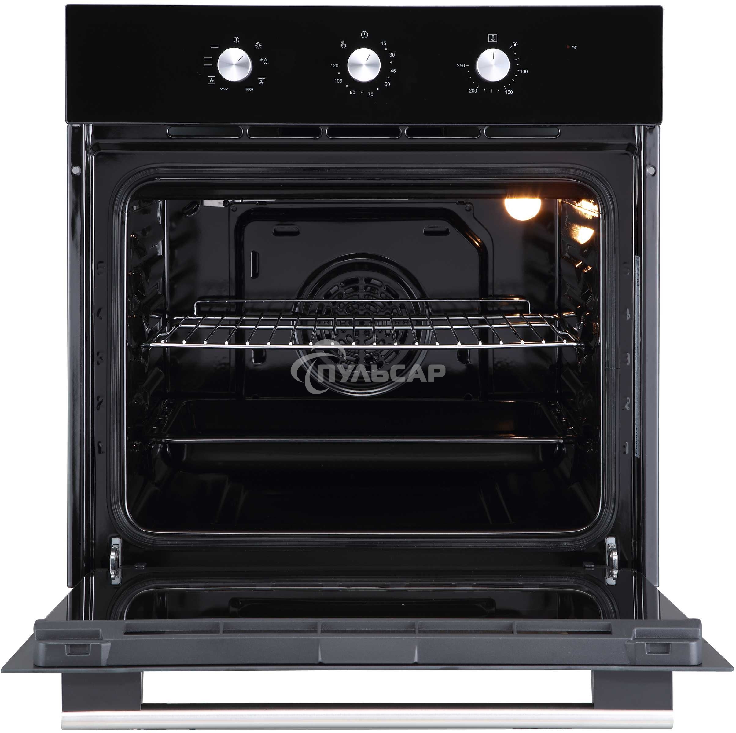 Духовой шкаф встраиваемый полноразмерный Evelux EO 620 B, 60 см, 8 режимов, 65л, черное стекло