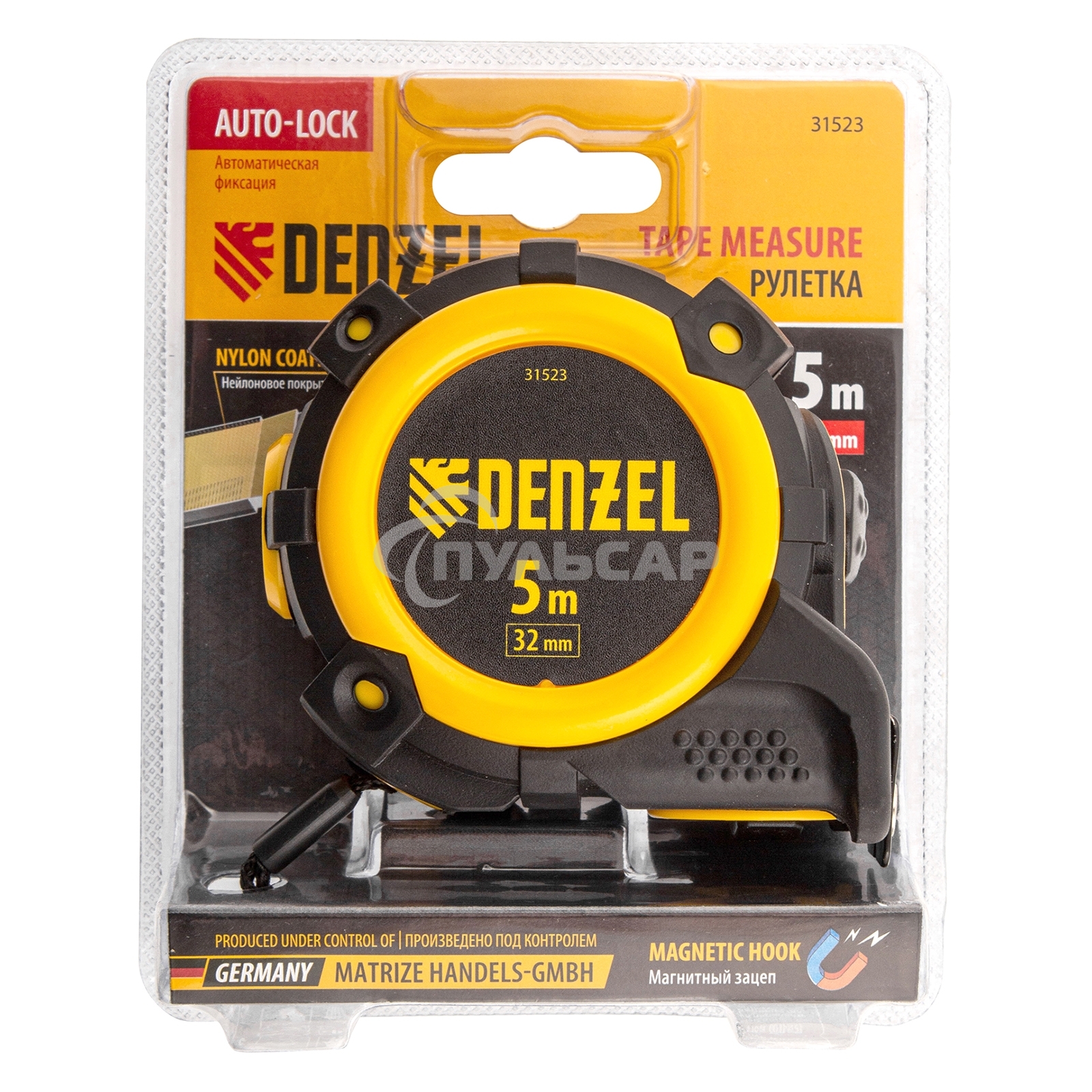 Рулетка 5м х 32мм, автоматич. фиксац., нейлон. покрытие, магнит. зацеп, двухстор. разметкаDenzel