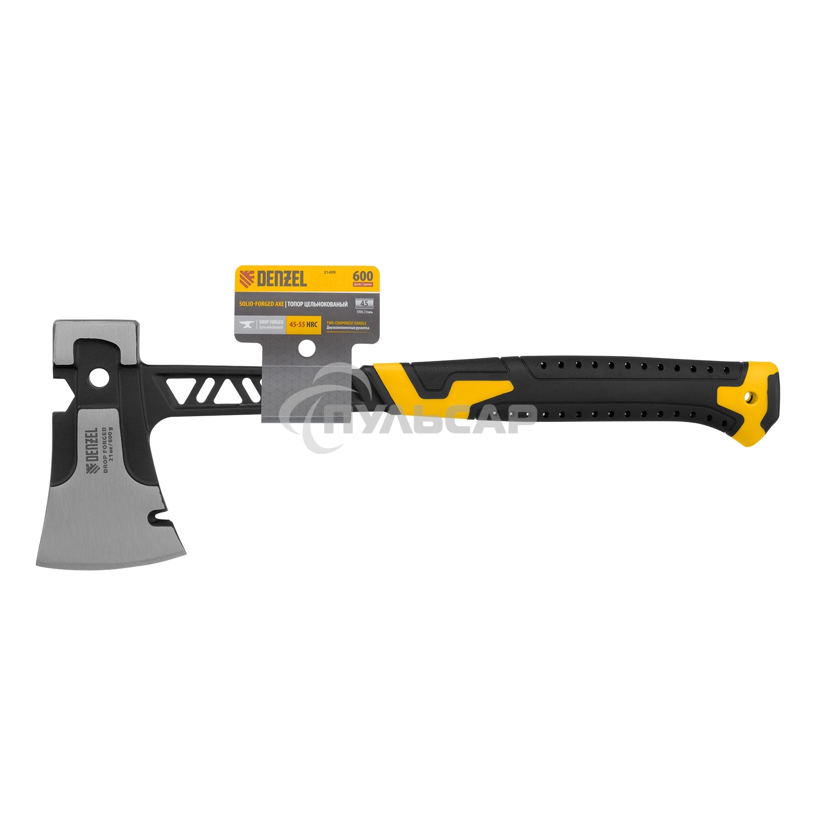 Топор цельнокованый Denzel 600 г, двухкомпонентная обрезиненная рукоятка
